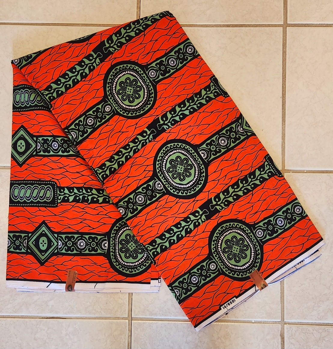 Red Orange with Green African Print Fabric/sold by yard or Bulk 6 Yards.