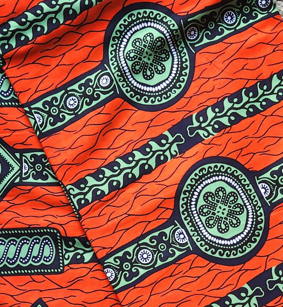 Red Orange with Green African Print Fabric/sold by yard or Bulk 6 Yards.