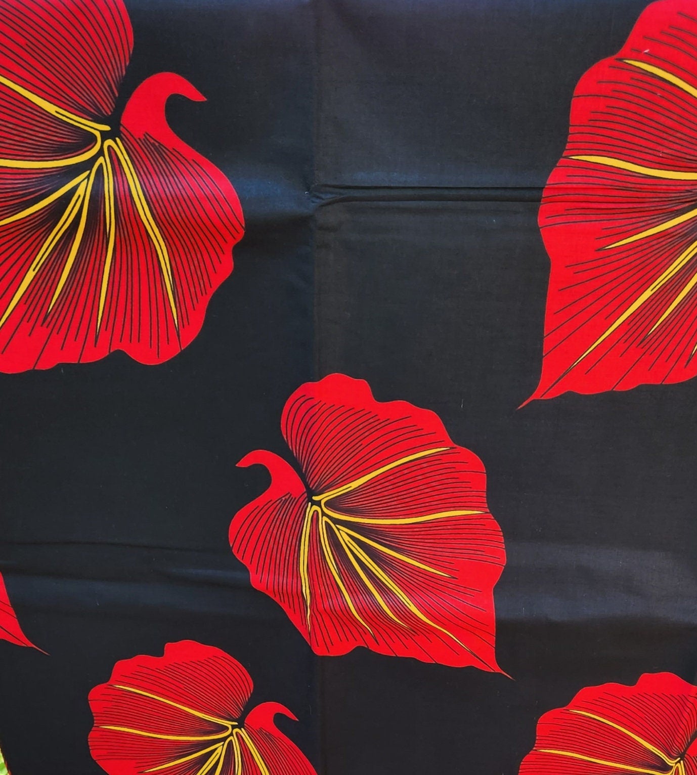 Wholesale Floral Red Ankara Fabric, bold African Print Leafy Red & Black 4 yards.