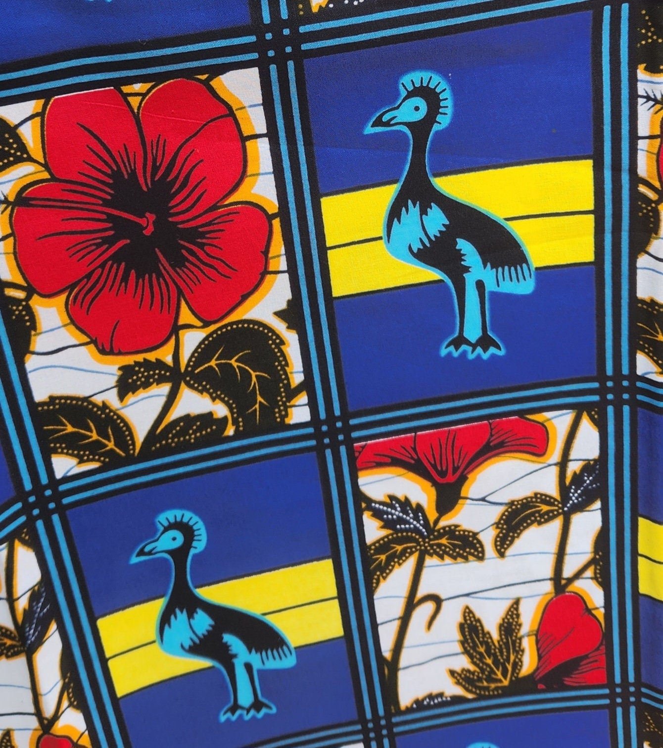 Spring Blue Floral Birds Fabric Yardage/African Blue Bird Fabric.