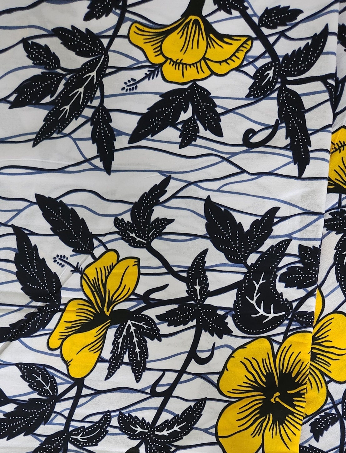 African Print Fabric, Yellow Hibiscus Garden Print/Floral White and Black/by yard or 6yd bulk.