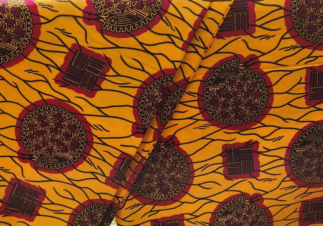 African Print Burgundy and Gold 100% Cotton/sold per yd or 6 yards.