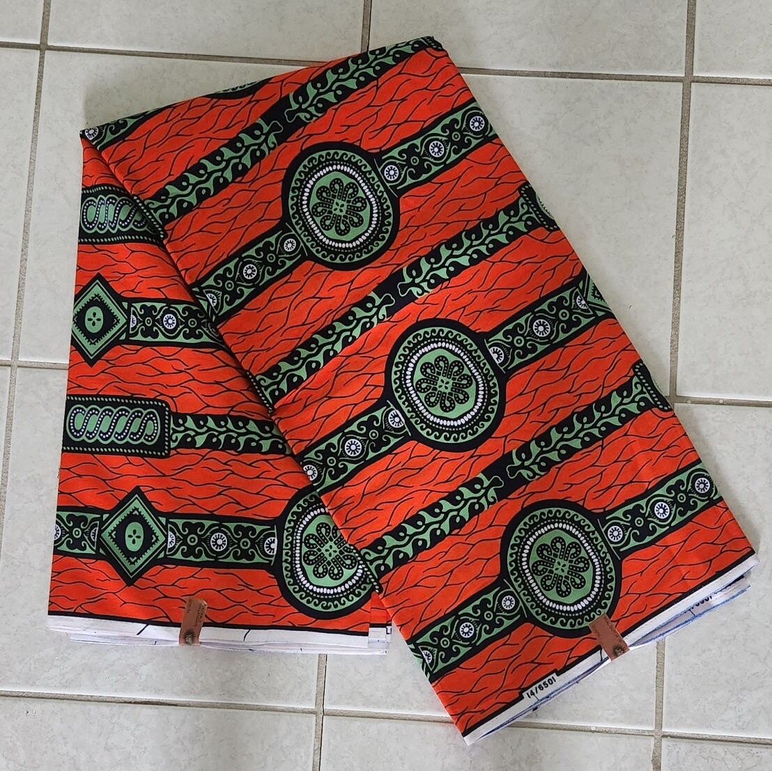 Red Orange with Green African Print Fabric/sold by yard or Bulk 6 Yards.