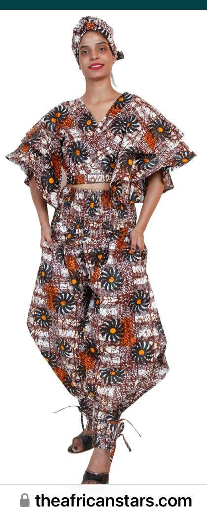 Ankara Crop Top Pantset with Headwrap/African Boho Pants and Medium Wrap Top. Sold whole or seperate.