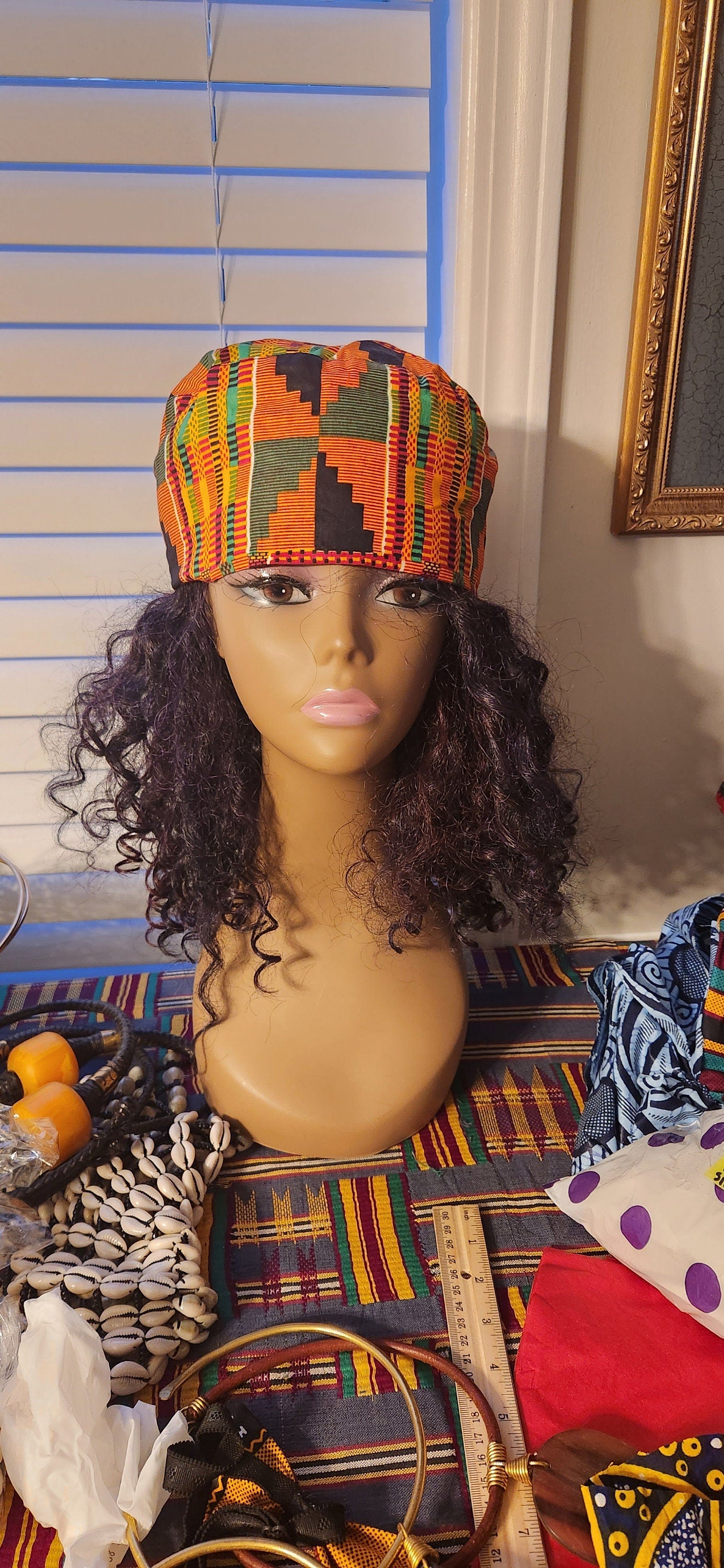 Kente Kuffi Hat/Barret Kufi with back elastic.