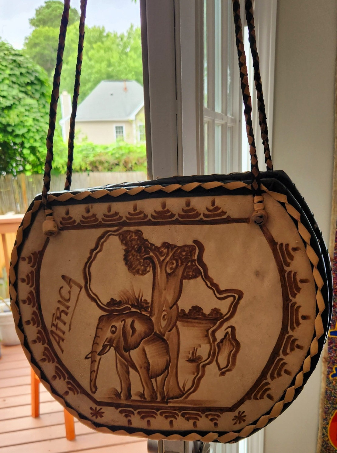 Burkina Rafia Purse/African Rafia Bag/ Burkina Flat Bottom Bag. Front Leather Art and Zipper Closure.
