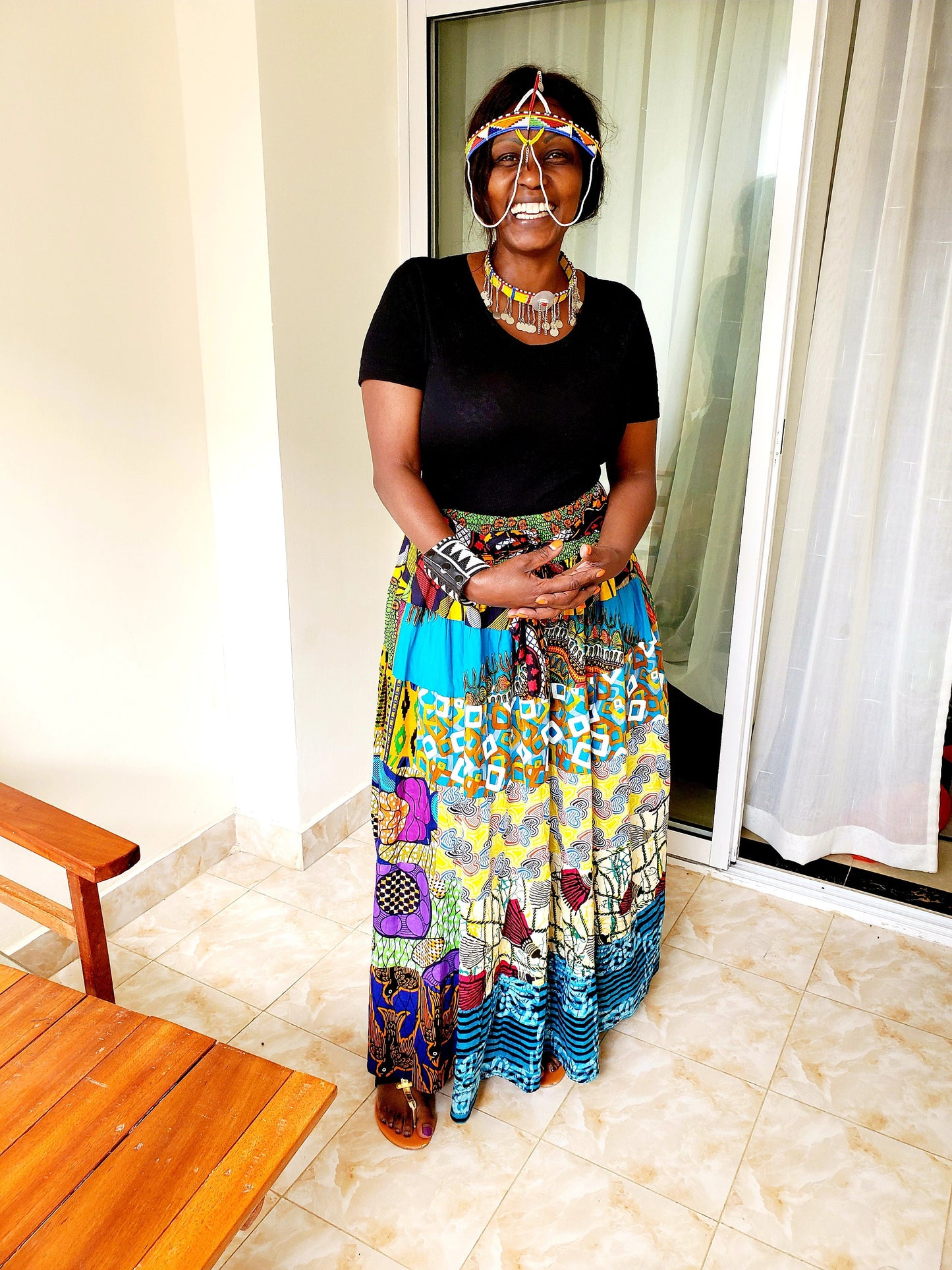 African Patchwork Maxi Skirt with Elastic Waist and Pockets/100% Cotton/Random Patch Skirts.