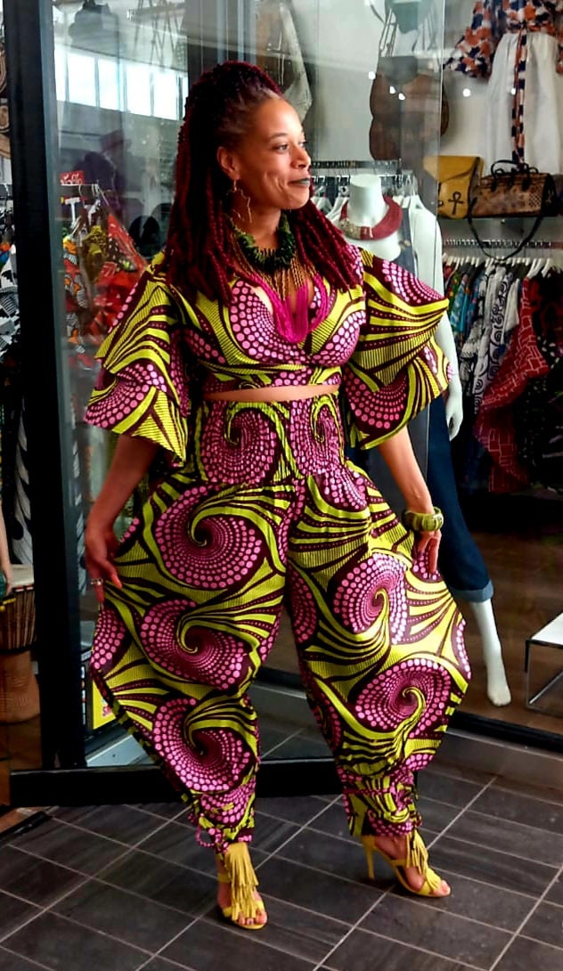 Ankara Crop Top Pantset with Headwrap/African Boho Pants and Medium Wrap Top. Sold whole or seperate.