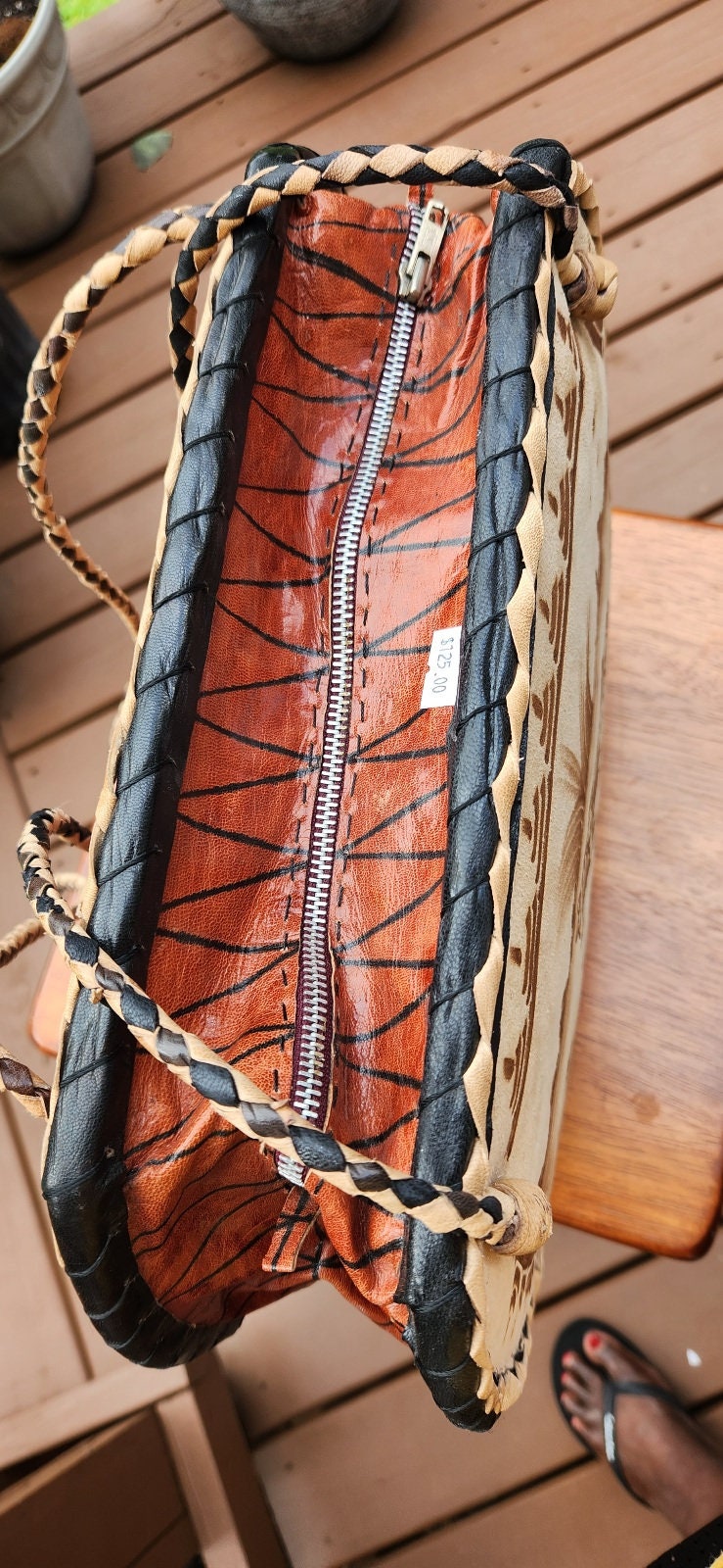 Burkina Rafia Purse/African Rafia Bag/ Burkina Flat Bottom Bag. Front Leather Art and Zipper Closure.