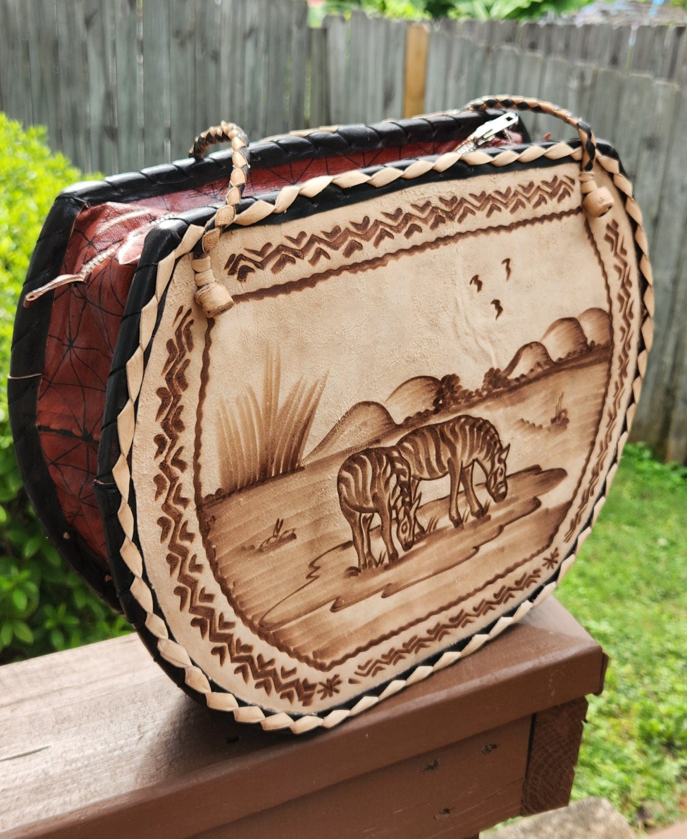 Burkina Rafia Purse/African Rafia Bag/ Burkina Flat Bottom Bag. Front Leather Art and Zipper Closure.