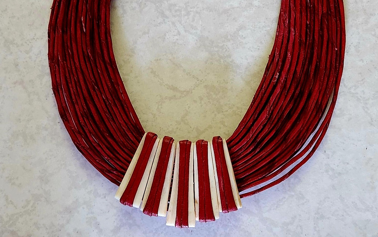 Ethnic Leather Necklace with Bone/Burkina Handcrafted Red Leather Necklace.