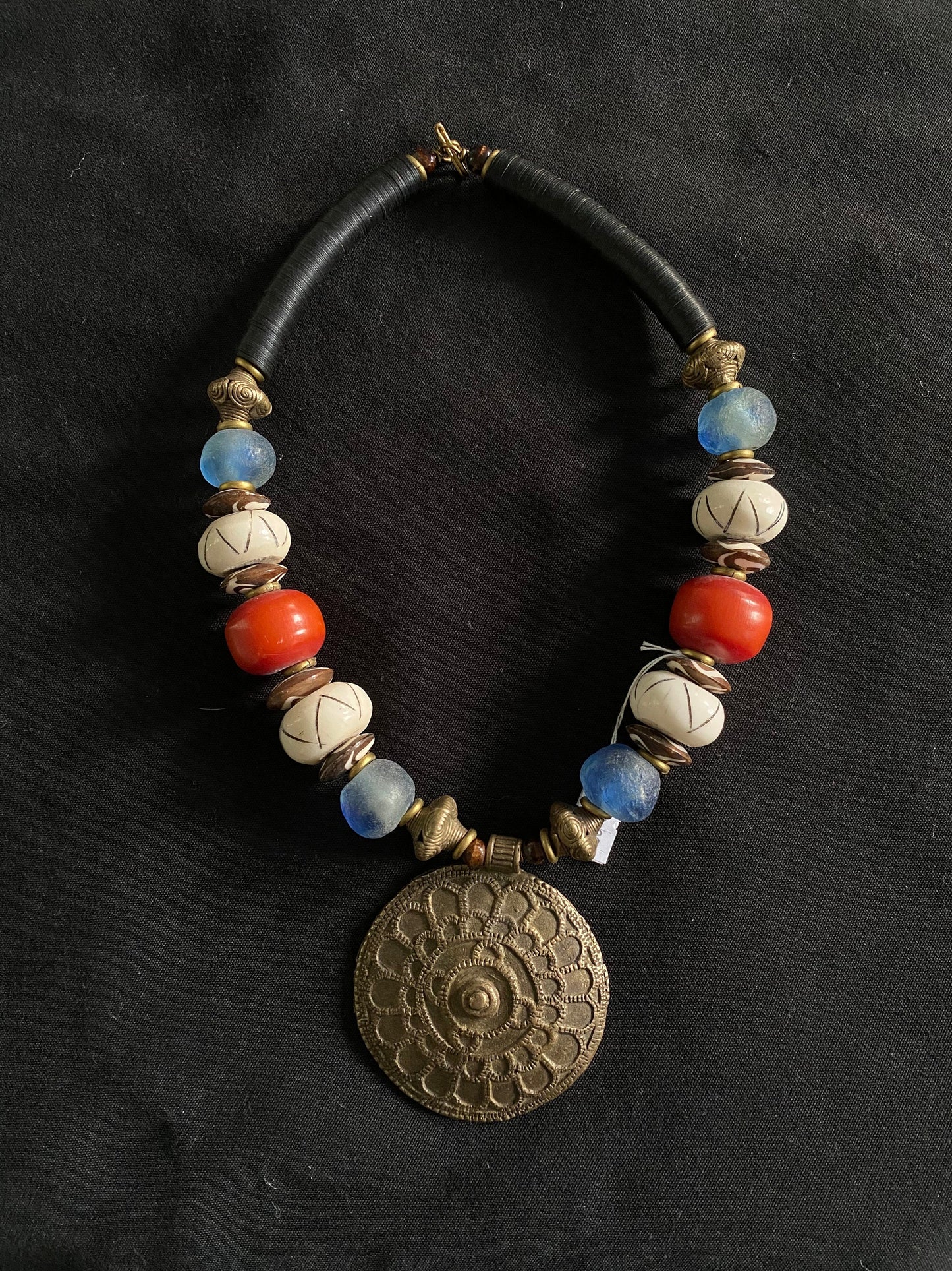 African Inspired Glass beads with Medallion/Ethnic Necklace/Brass Batik Bone/Unisex.