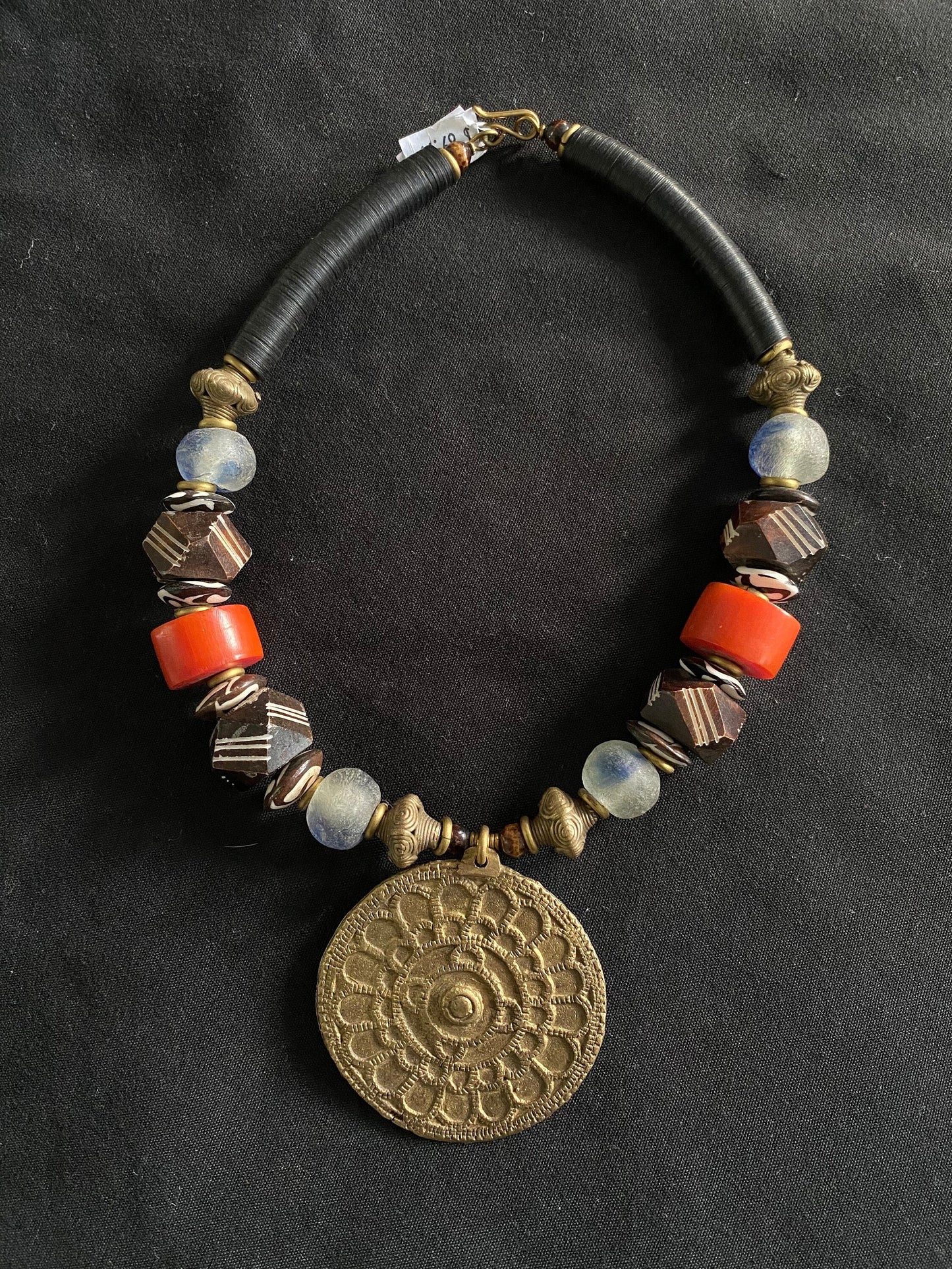 African Inspired Glass beads with Medallion/Ethnic Necklace/Brass Batik Bone/Unisex.