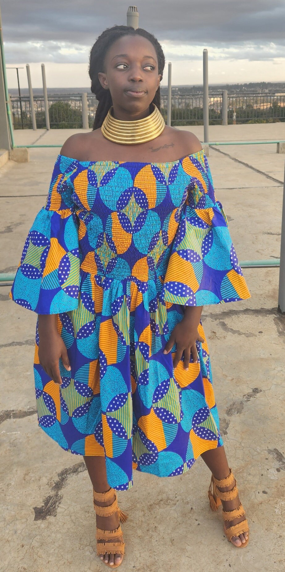 Ankara African Print Echoes Off-the-Shoulder Dress.