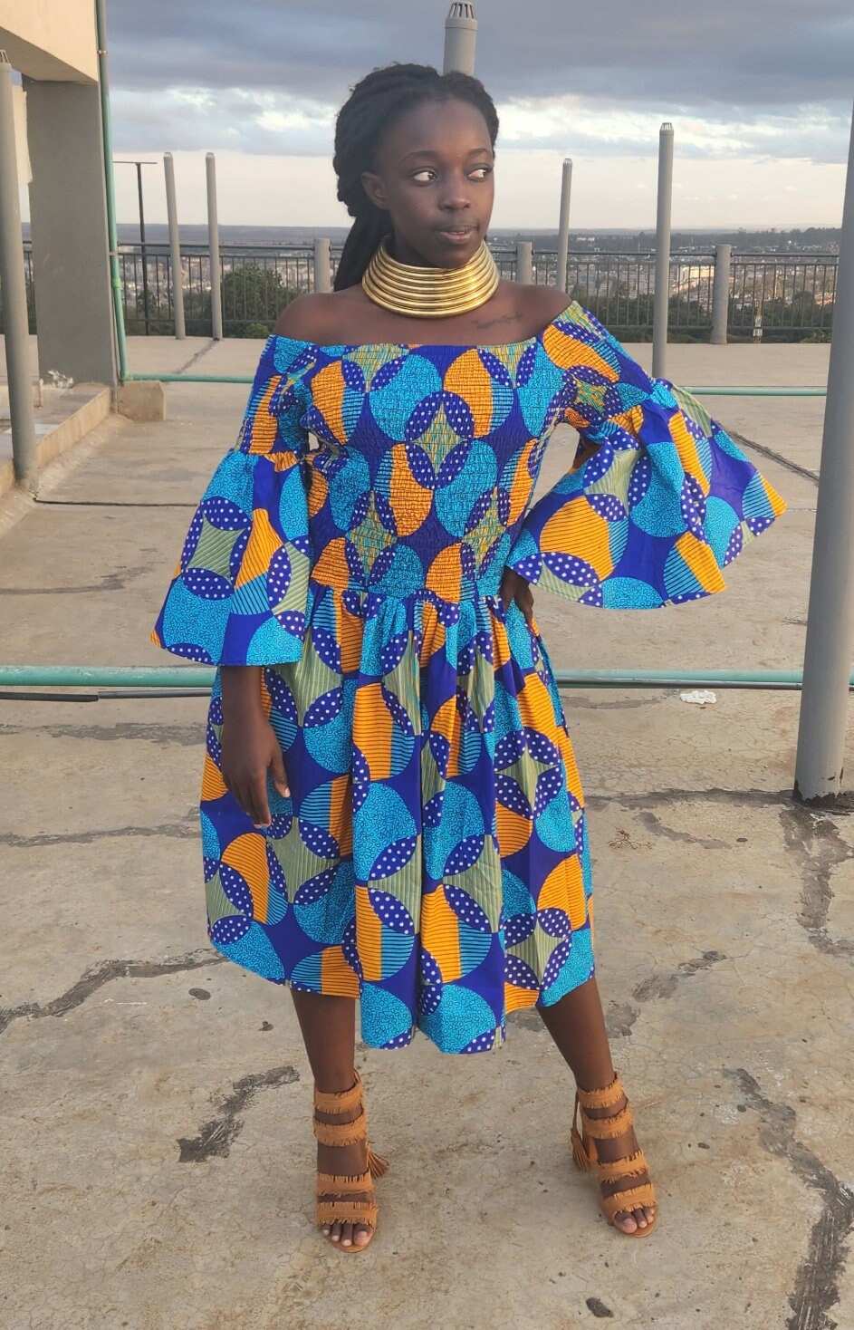 Minala African Print Midi Dress/One Size fits upto size L.