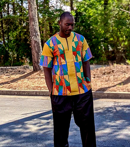African Splash Shirt/Men's Printed Organic Cotton Short Sleeve/Kente Dashiki Shirt size M/L 49".