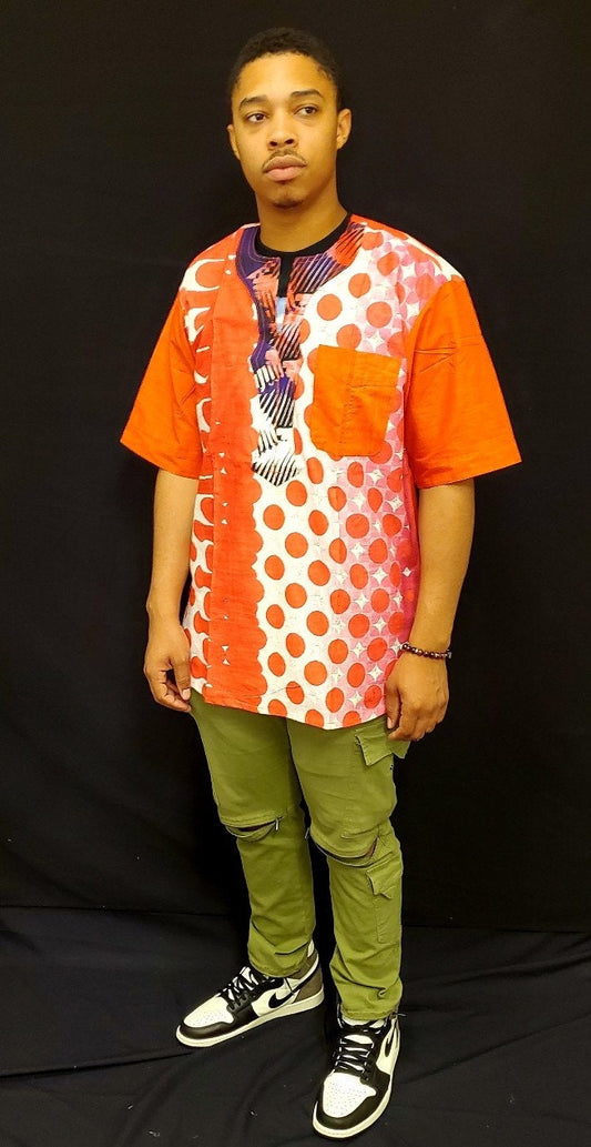 Coral Splash Shirt/Blur Men's Printed Organic Cotton Short Sleeve/Kente Dashiki Shirt size M/L Chest 48"×33".