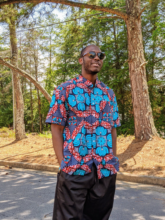 Green Blue Floral African Print Shirt, Button Down/Big & Tall Men size L/XL Chest 52"x33".
