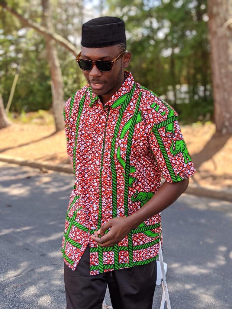 Green Elephant African Print Shirt,/Big & Tall Men size M/L Chest 48"x33".