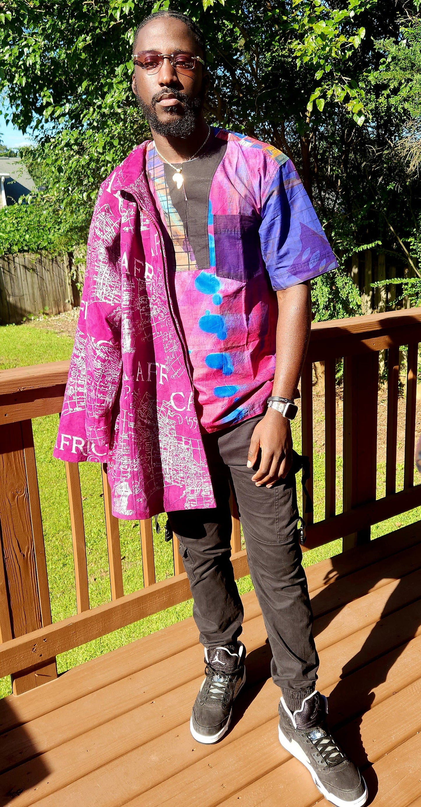 Pink Shade Splash Dashiki Shirt/African Mens Shirt size L 51".