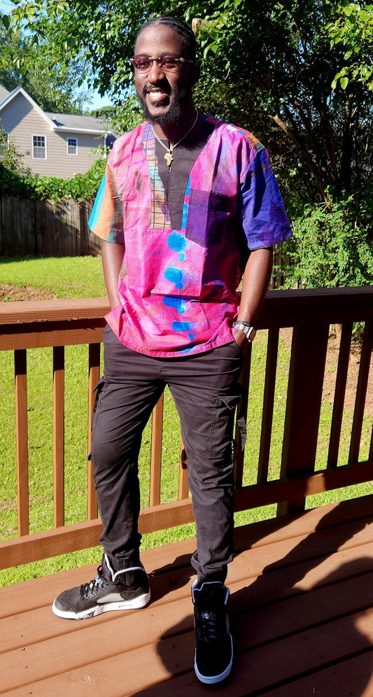 Pink Shade Splash Dashiki Shirt/African Mens Shirt size L 51".