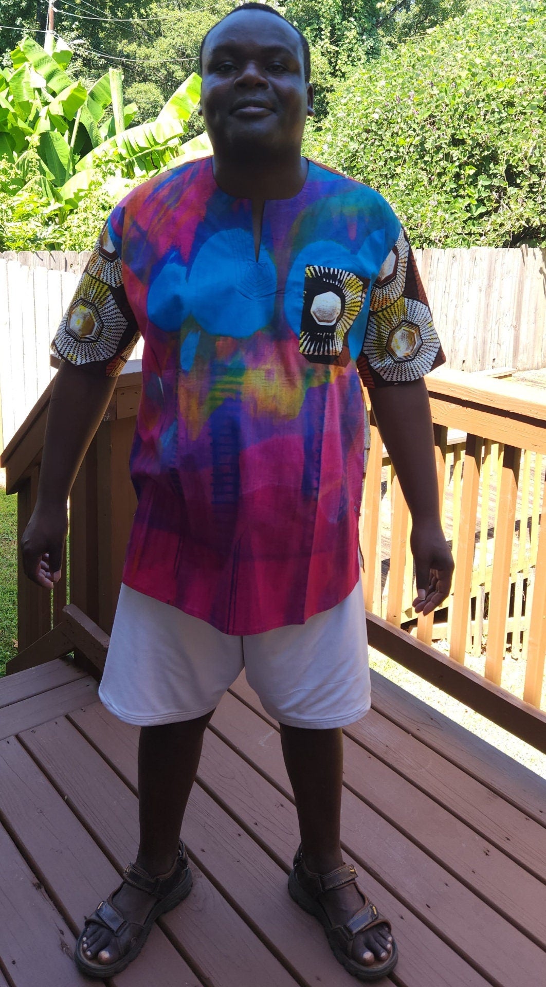 Pink Shade Splash Dashiki Shirt/African Mens Shirt size L 51".