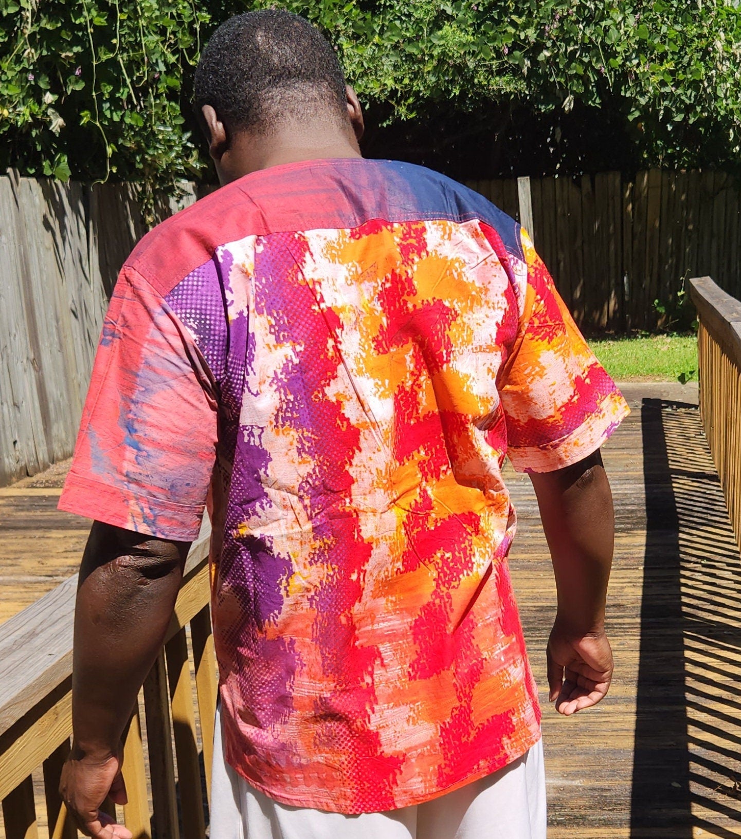 Pink Shade Splash Dashiki Shirt/African Mens Shirt size L 51".