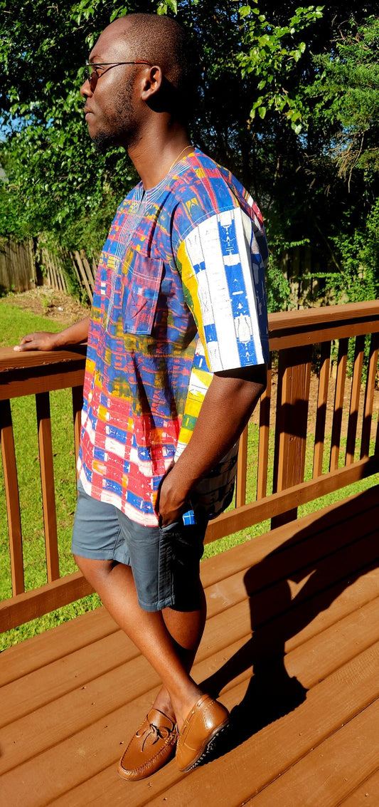 Shade of Blue Splash Dashiki Shirt/100% organic cotton/African Mens Shirt size L 51".