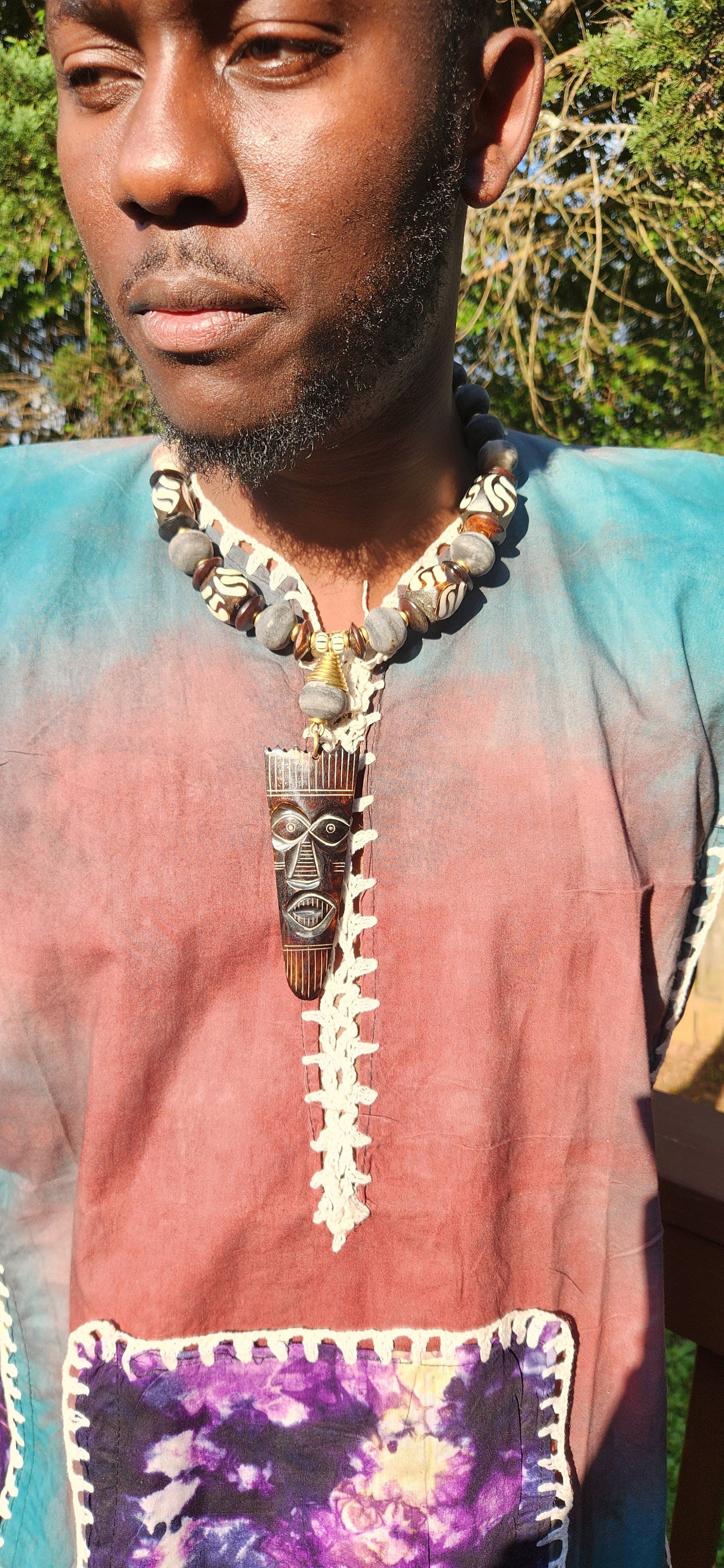 African Inspired Bone Beads with Mask Pendant/Natural Unisex Chunky Necklace/Ethnic Bone Choker/Christmas Gift.