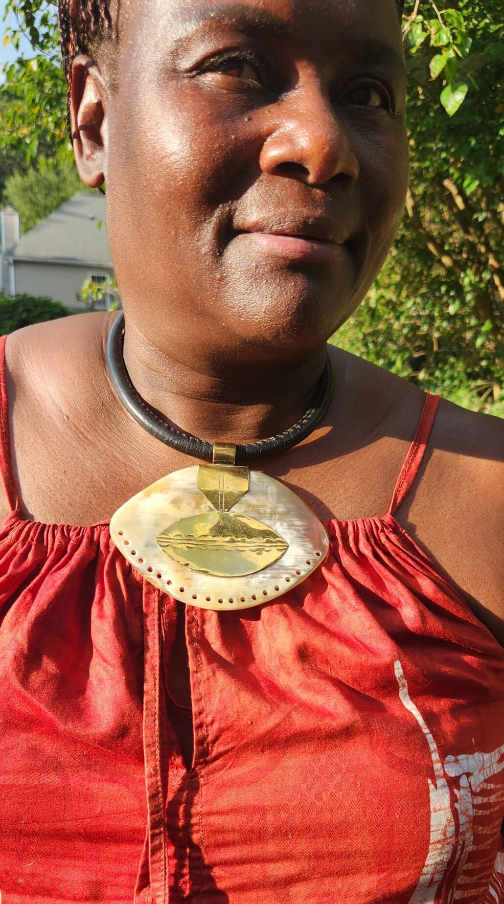 Leather & Cow Horn Antique Brass Necklace.