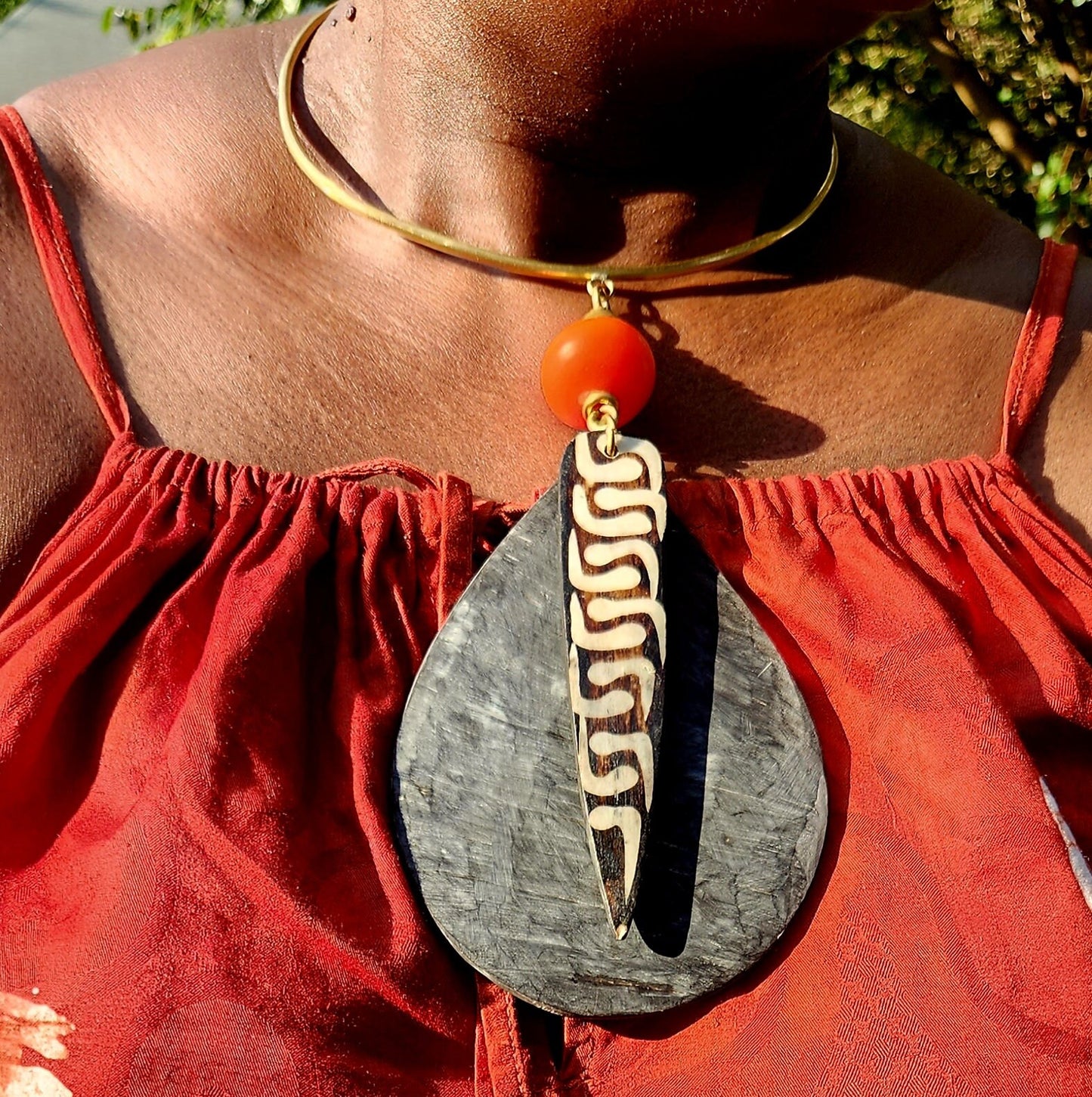 Original Chunky Batik Bone and Horn Necklace/Chunky wooden Pendant and Adjustable Bone Rings.
