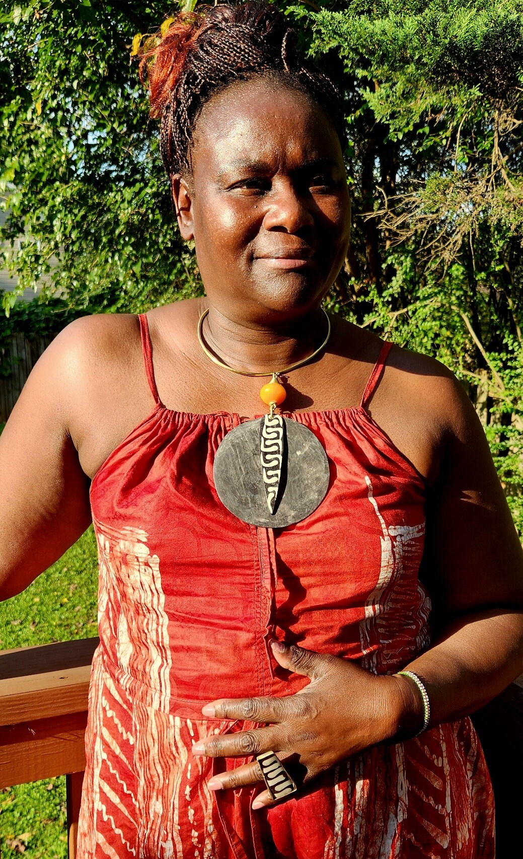 Original Chunky Batik Bone and Horn Necklace/Chunky wooden Pendant and Adjustable Bone Rings.