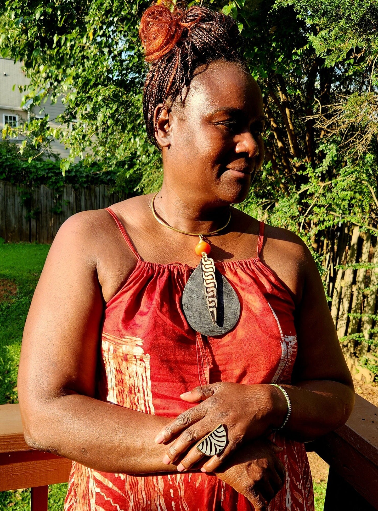 Original Chunky Batik Bone and Horn Necklace/Chunky wooden Pendant and Adjustable Bone Rings.