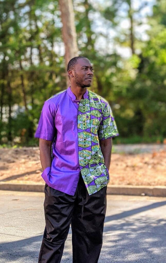 Purple Green African Print Shirt, Button Down/Big & Tall Men size M/L Chest 46"x33".