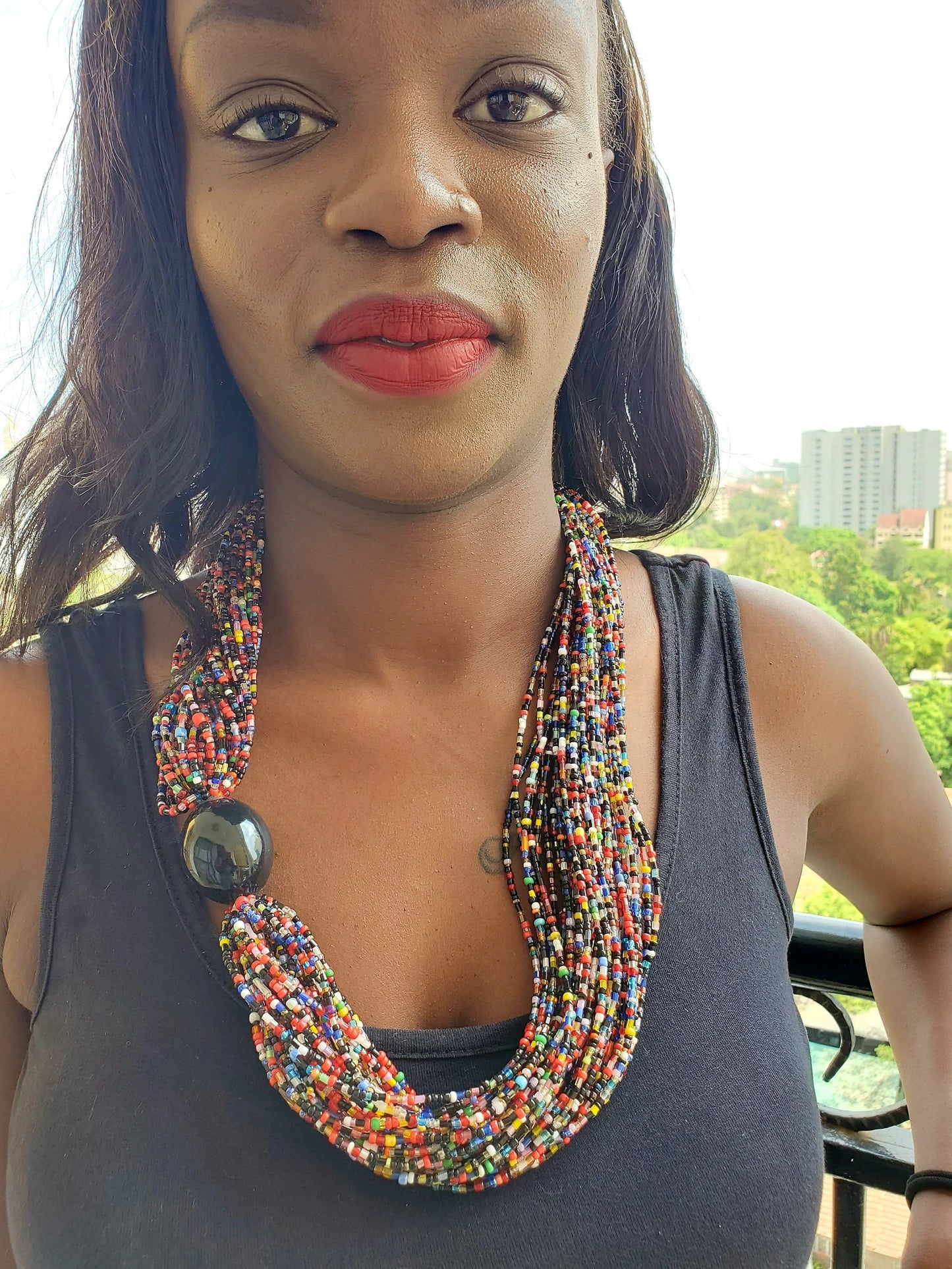 African Multi Strand Beaded Ethnic Necklace with a wooden button/Tuareg Tribal necklace made in Mali.