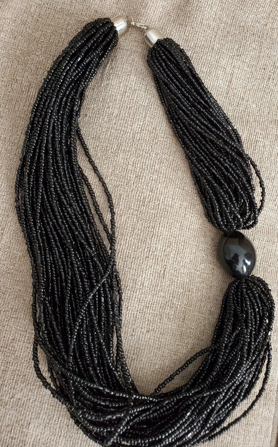 African Multi Strand Beaded Ethnic Necklace with a wooden button/Tuareg Tribal necklace made in Mali.