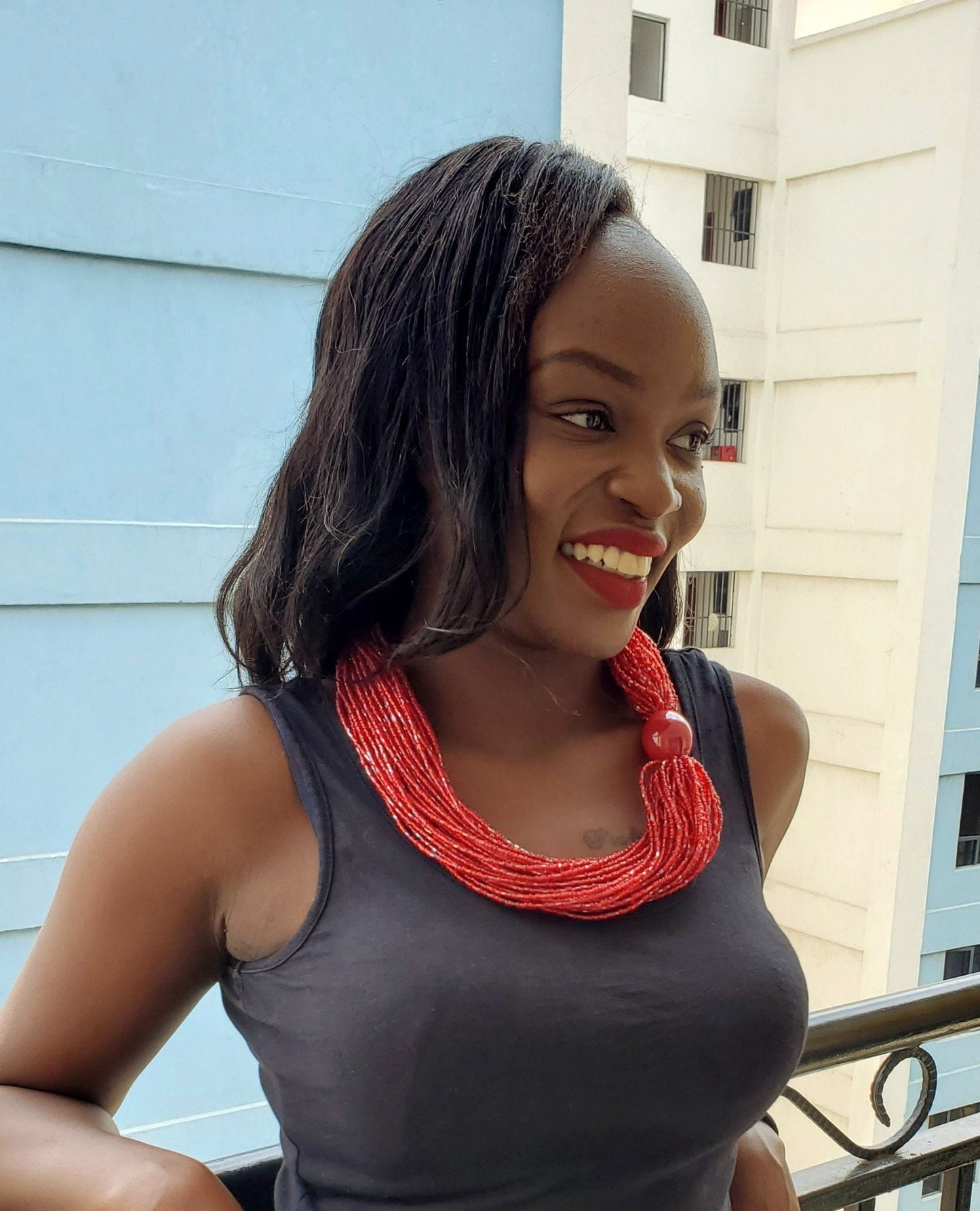 African Multi Strand Beaded Ethnic Necklace with a wooden button/Tuareg Tribal necklace made in Mali.