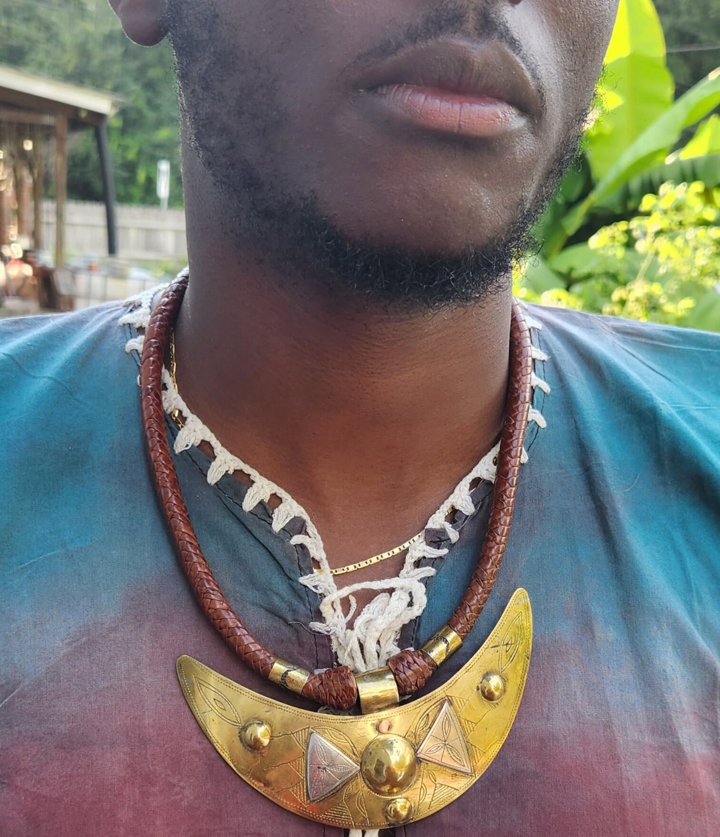 Vintage Leather & Bronze Necklace.