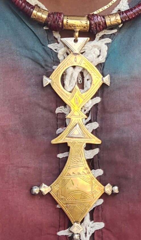 Vintage Solid Brass Tuareg Pendant Necklace 1990s Made in Mali.