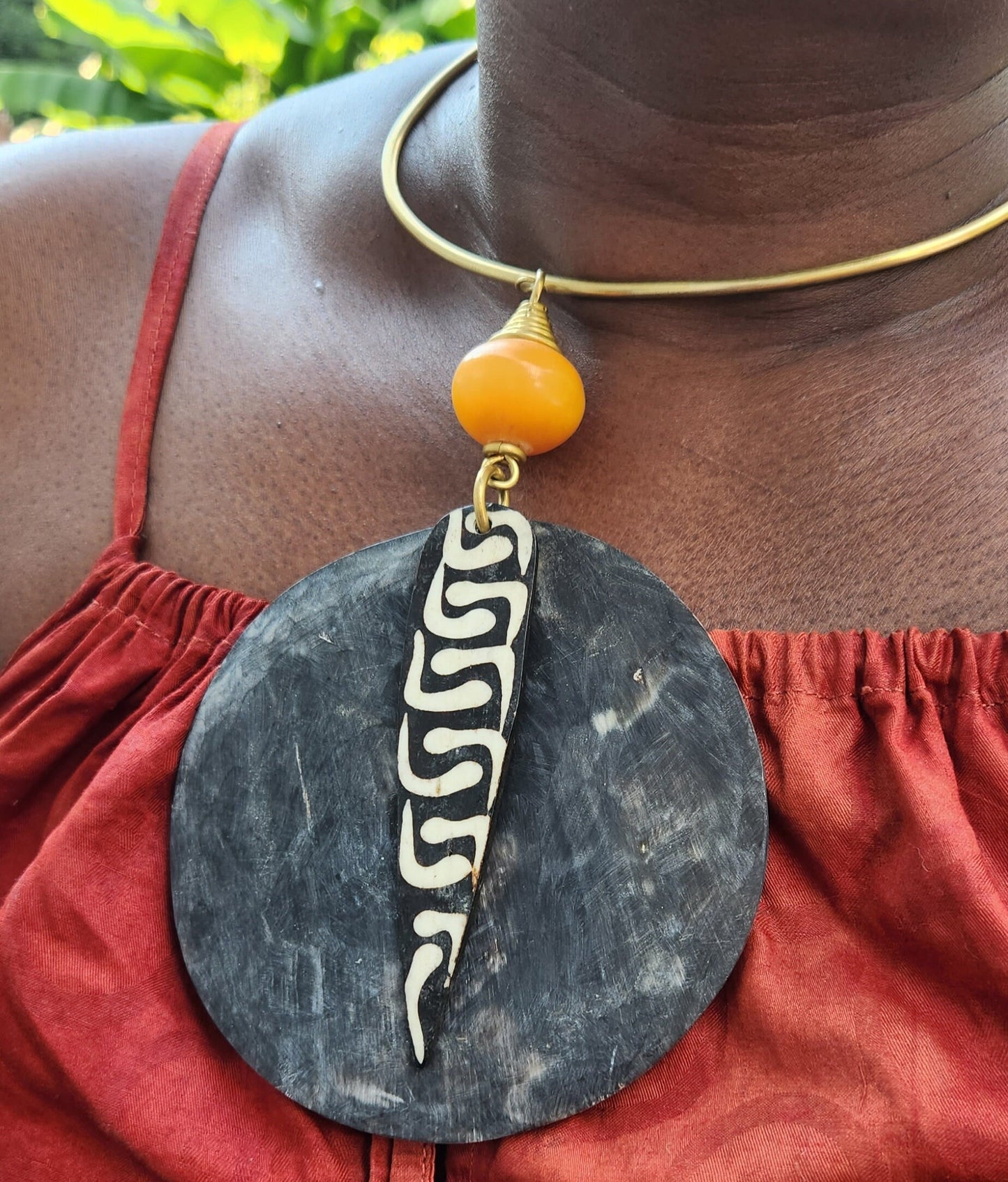 Original Chunky Batik Bone and Horn Necklace/Chunky wooden Pendant and Adjustable Bone Rings.