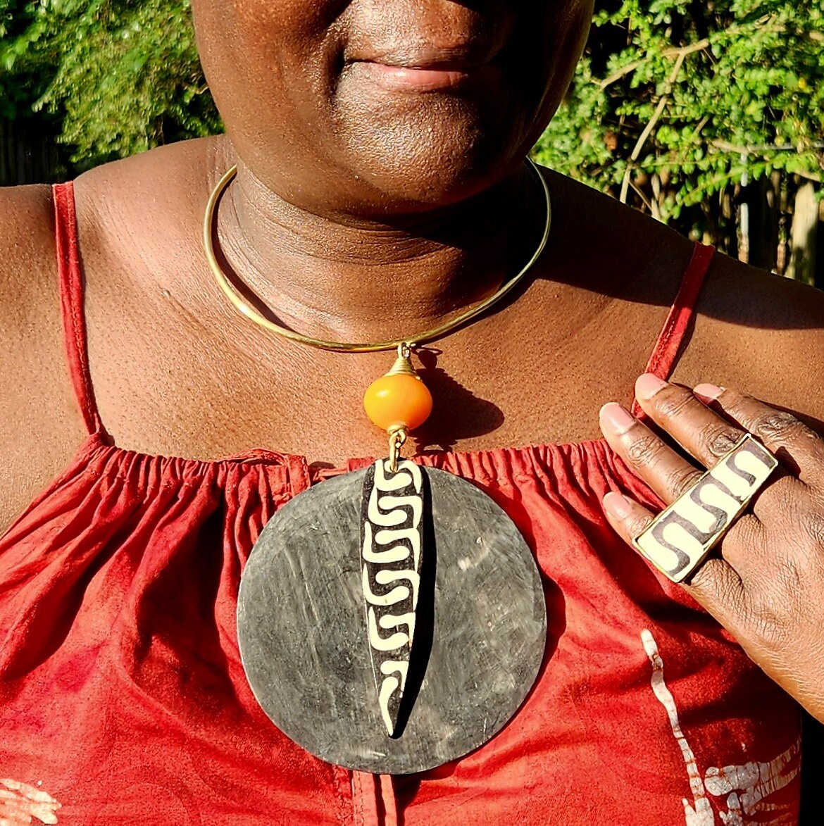 Original Chunky Batik Bone and Horn Necklace/Chunky wooden Pendant and Adjustable Bone Rings.