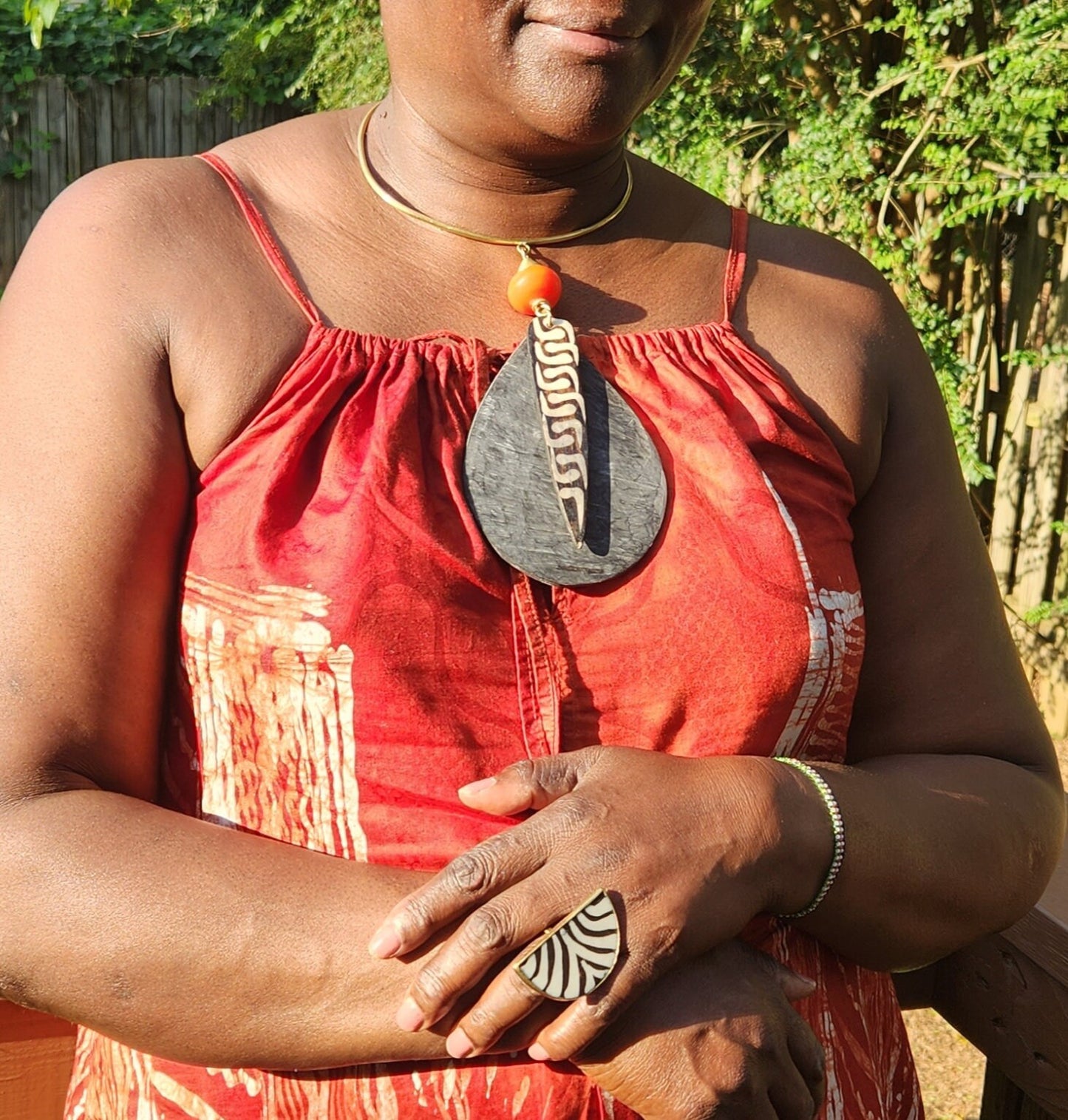 Original Chunky Batik Bone and Horn Necklace/Chunky wooden Pendant and Adjustable Bone Rings.