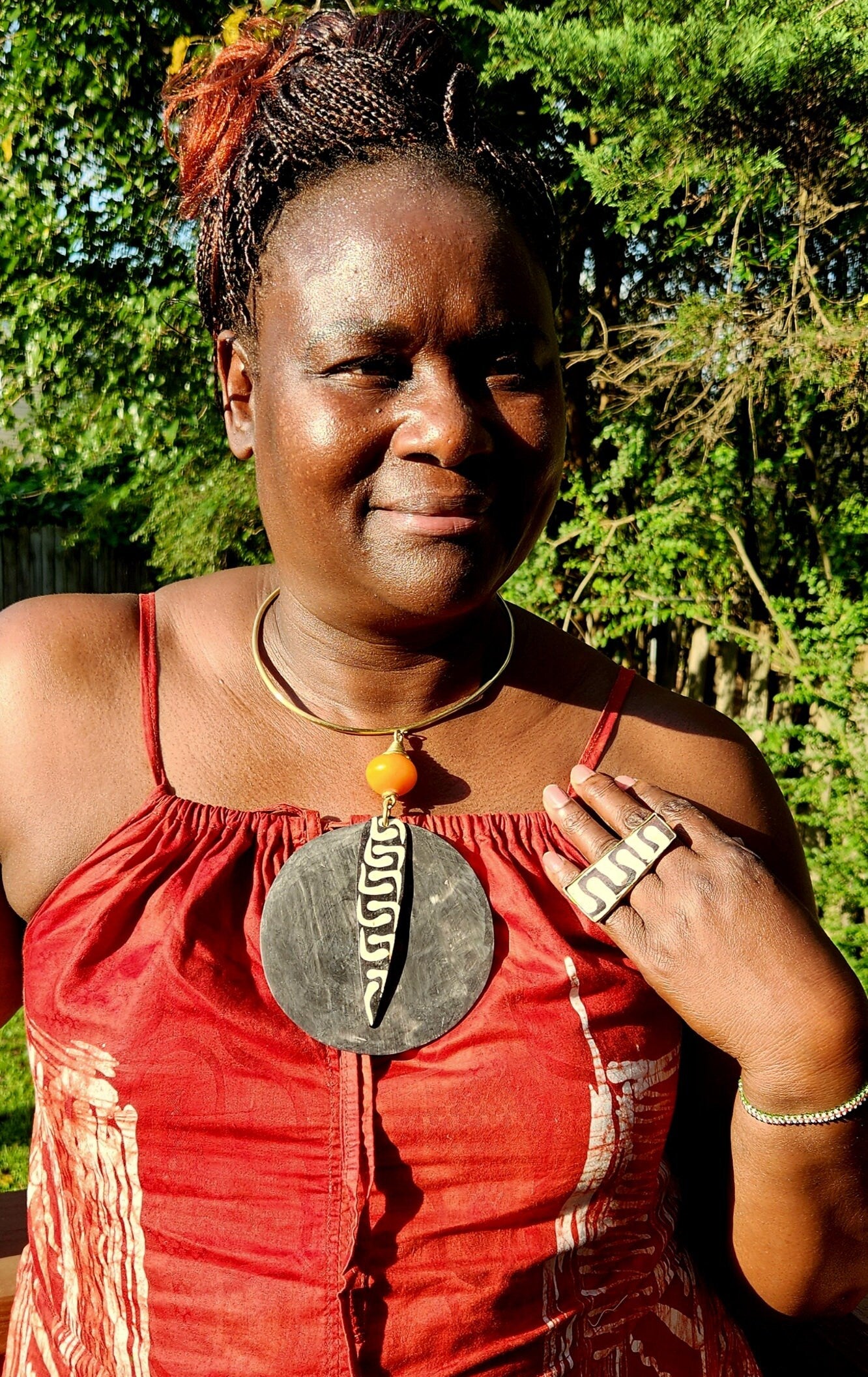 Original Chunky Batik Bone and Horn Necklace/Chunky wooden Pendant and Adjustable Bone Rings.