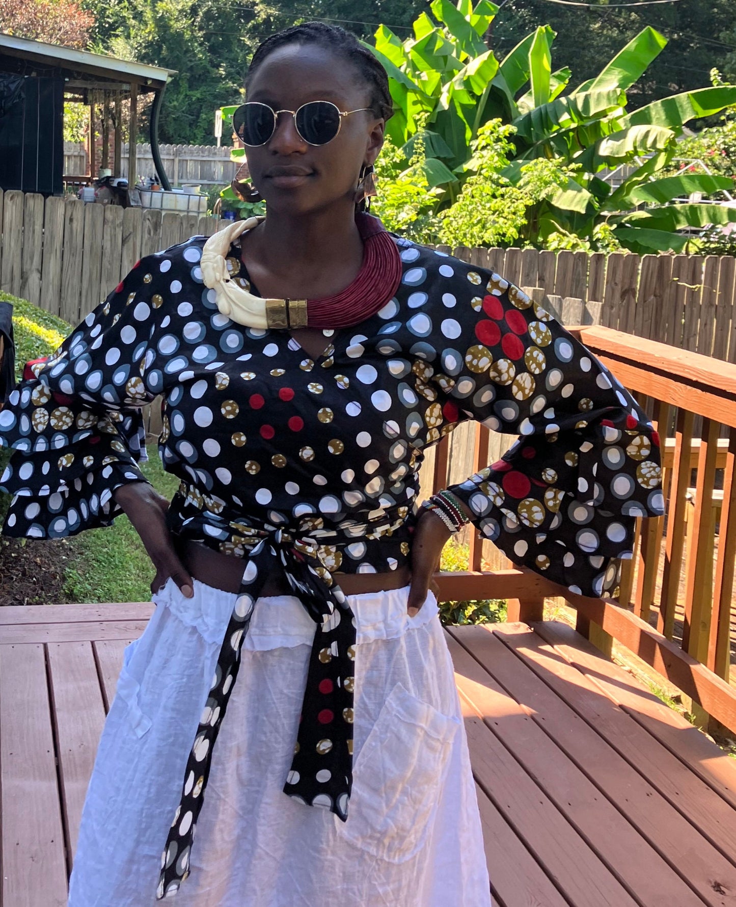Bell Sleeve African Print Wrap around Crop Top.