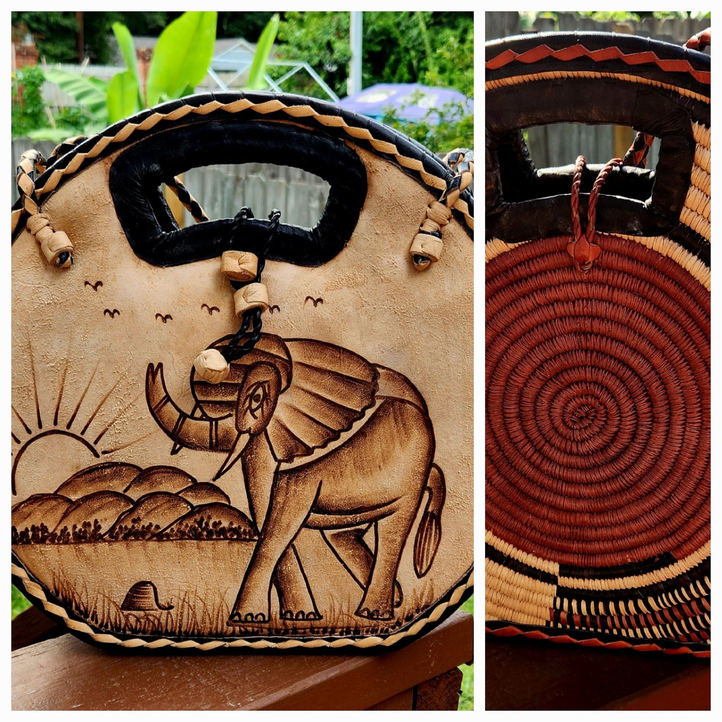 Burkina Flat Bottom Rafia Purse/African Rafia Bag/ Handcraftedin Burkina Faso. Front Leather Art and Zipper Closure with a handle.