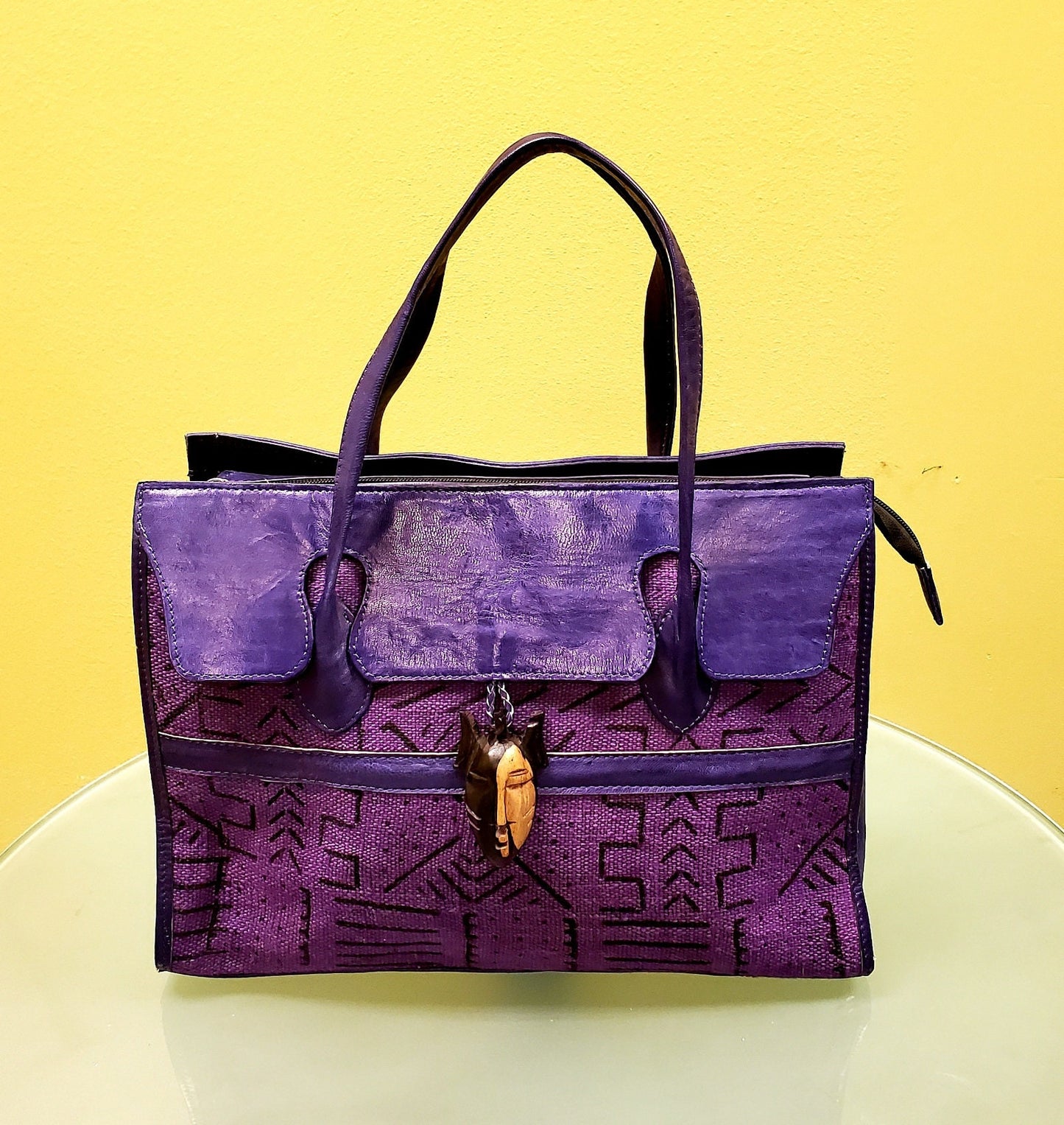Mudcloth Leather Tote Purse/Leather handbag. H 11"× L 13" x W 7"