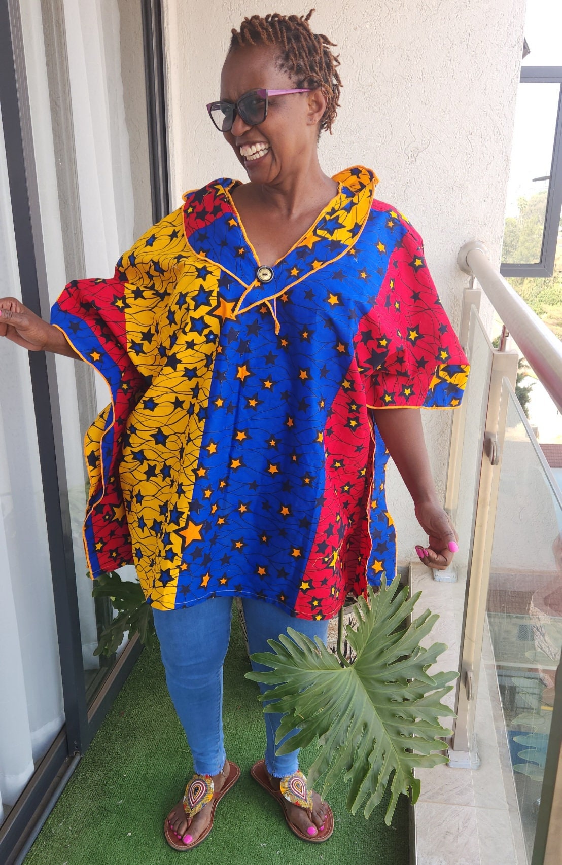 African Women Tops for Plus Size Hippie/Bohemian Kaftan Split Neck Tunin/Relaxed Fit/Loose Kimono Oversized/Bust 65 Inches x Length 33 inch.
