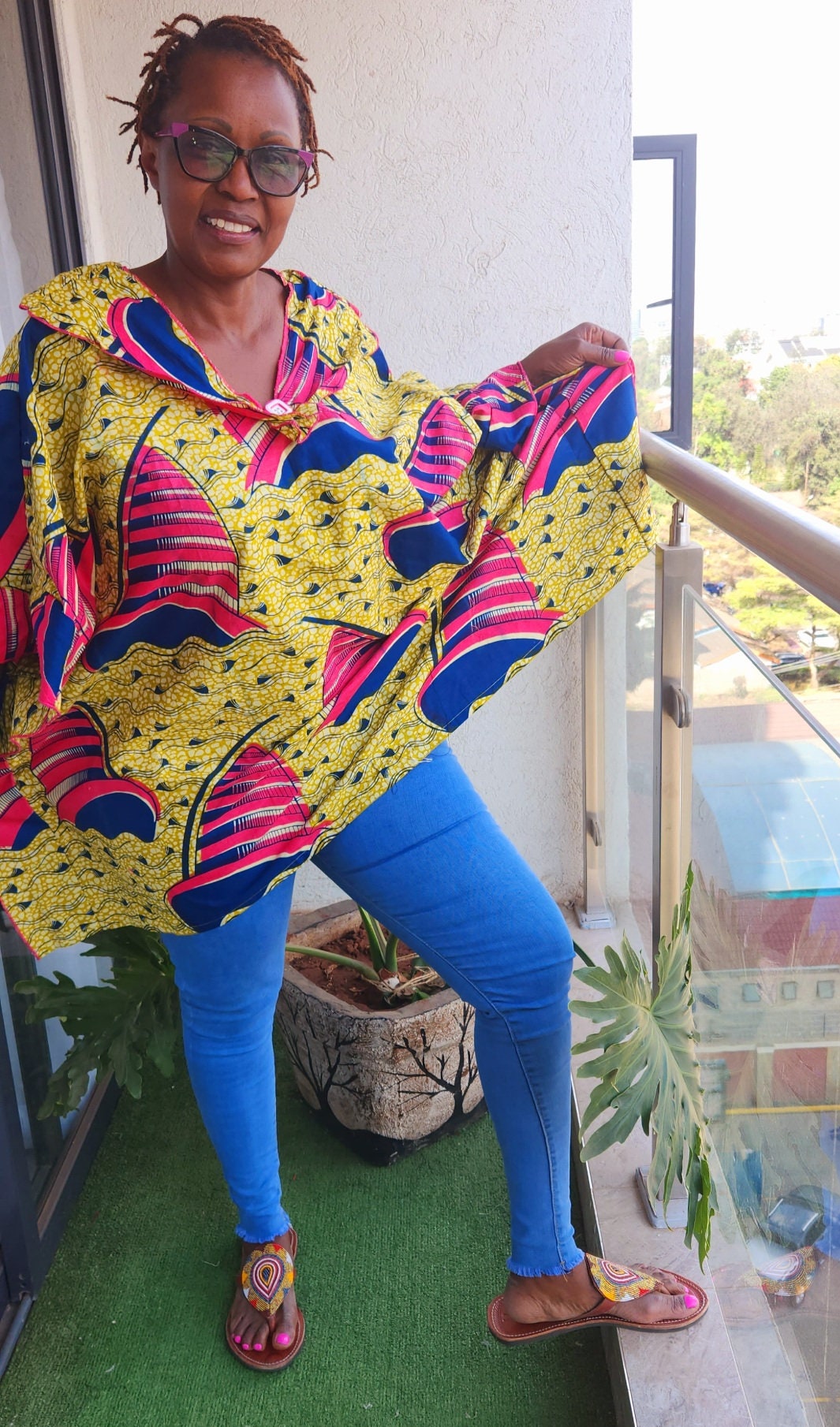 Big Mama 6XL Women African Tops for Plus Size Hippie/Bohemian Kaftan Split Neck Tunic/Relaxed Fit/Loose Kimono Oversized Length 32 inch