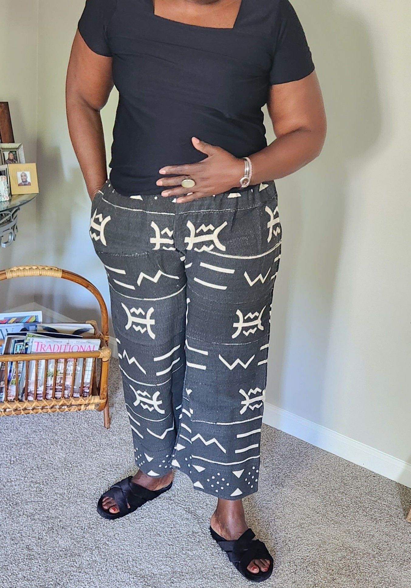 Mudcloth Wide leg pants-UNISEX/African Mudcloth Bogolan Pants fits M/L.