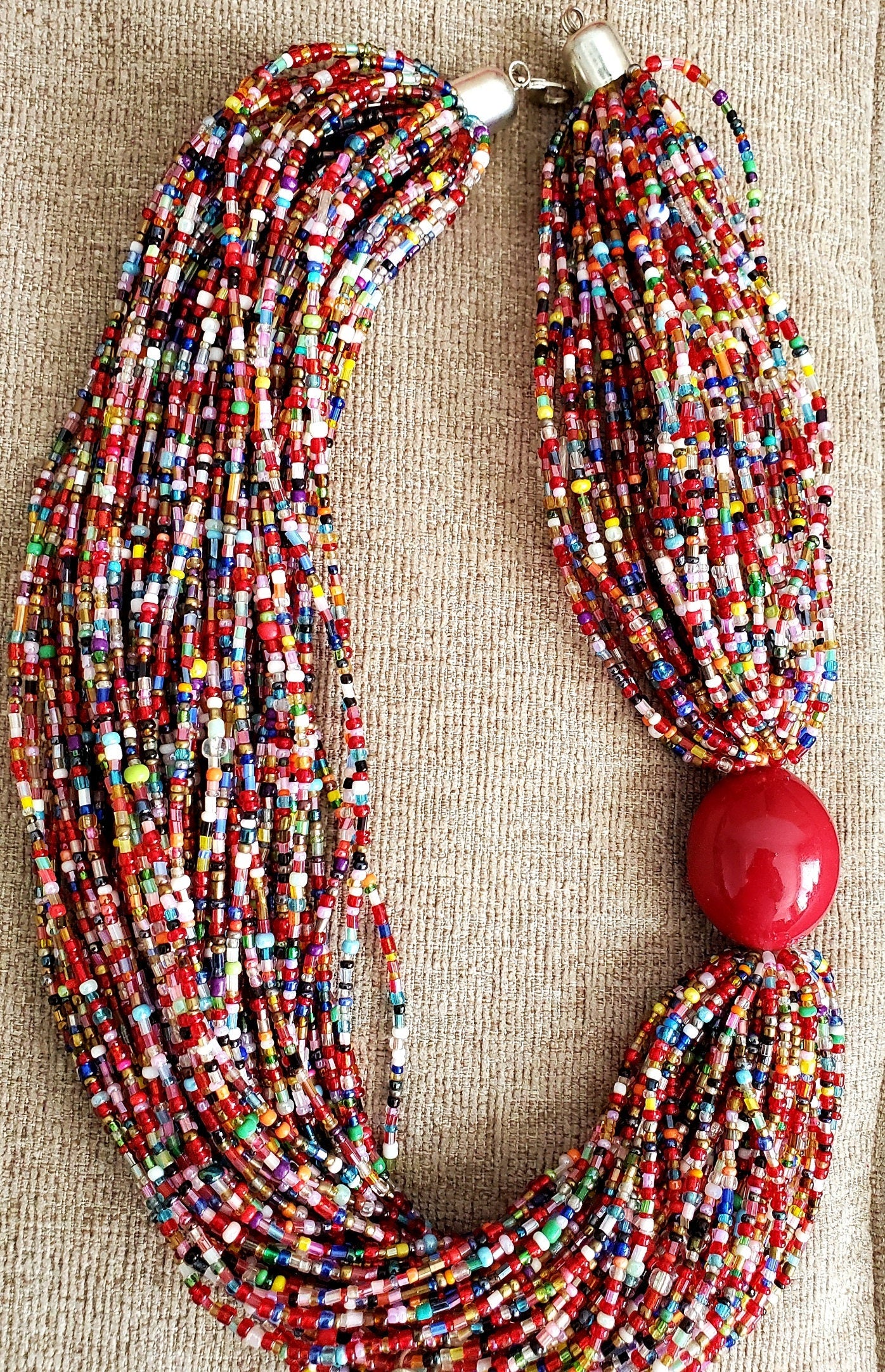 African Multi Strand Beaded Ethnic Necklace with a wooden button/Tuareg Tribal necklace made in Mali.